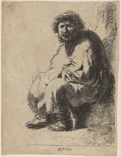 Bedelaar zittend op een bank door Costantino Cumano after Rembrandt van Rijn