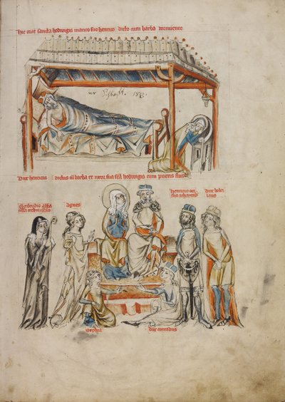 Heinrich slaapt en Hedwig bidt. Heinrich en Hedwig met hun kinderen, 1353 door Court workshop of Duke Ludwig I