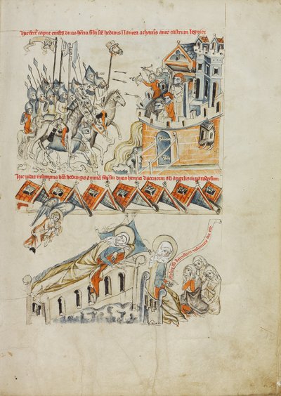 De Tartaren dragen het hoofd van Heinrich voor Kasteel Liegnitz; Sint Hedwig ziet in een droom de ziel van haar zoon naar de hemel gedragen worden door Court workshop of Duke Ludwig I of Liegnitz and Brieg