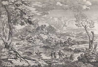 Landschap met een man die Mercurius de adelaar van Jupiter toont, ca. 1695-99 door Crescenzio Onofri