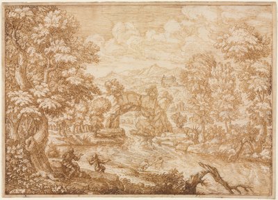 Rivierlandschap met gebogen rots door Crescenzio di Onofrio