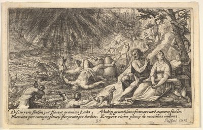 Het begin van de zondvloed: mannen en vrouwen klimmen naar hoger gelegen grond rechts, water neemt toe, 1612 door Crispijn de Passe I