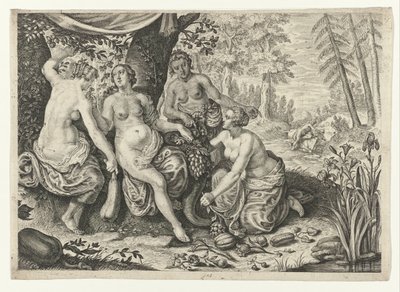 Nimfen vullen de hoorn des overvloeds door Crispijn van de Passe (II) (attributed to)