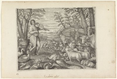 Orpheus betovert de dieren met zijn muziek Metamorfosen van Ovidius door Crispijn van de Passe (II)