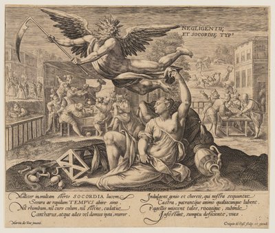 Negligentie et Socordie Typus, van Tijd met deugden en ondeugden door Crispijn van de Passe I