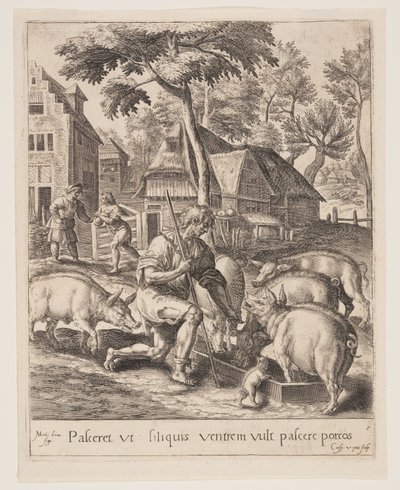 De zoon die de varkens voert, uit De parabel van de verloren zoon door Crispijn van de Passe I