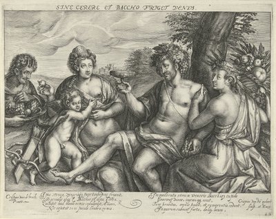 Bacchus, Venus en Ceres in een landschap door Crispijn van den Queborn