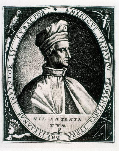 Portret van Amerigo Vespucci, inscriptie "Americus Vesputius Florentinus Terrae Bresilianae Inventoret Subactor" (gravure) door Crispin I de (after) Passe