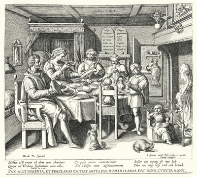 Het gebed voor de maaltijd (gravure) door Crispin I de (after) Passe