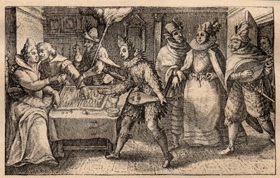 Een backgammonpartij met rondtrekkende spelers - Nederlandse kopergravure; uit een set prenten, Hortus Voluptatem, door Crispin de Passe (1550-1643) - Een koppel dat backgammon speelt, verrast door vijf gemaskerde mannen gravure door Crispin de Passe de Ou door Crispin I de Passe