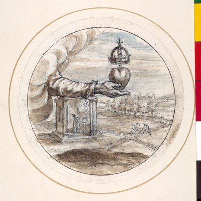 Een hand die een hart met een keizerlijke kroon ondersteunt (pen & bruine inkt met bruine & grijze was op papier) door Crispin I de Passe
