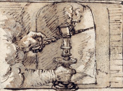 Een paar handen uit een wolk, een kaars in een kandelaar uitblazend (pen & bruine inkt met bruine was op papier) door Crispin I de Passe