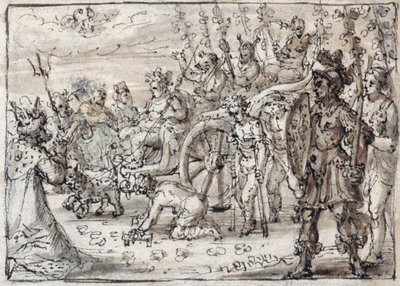 Triomfantelijke intocht van de Indiase Bacchus in Thebe (pen & bruine inkt met bruine was op papier) door Crispin I de Passe