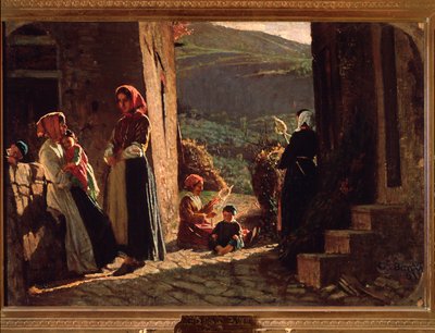 Ontmoeting van boerenvrouwen met kinderen bij zonsondergang door Cristiano Banti