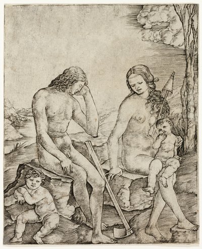 Adam en Eva met de kinderen Kaïn en Abel door Cristofano Robetta