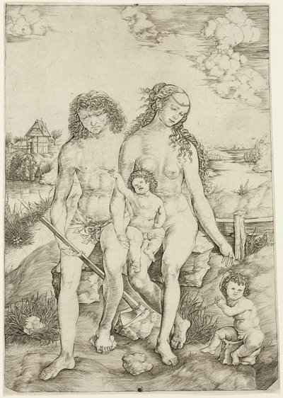 Adam en Eva met de kinderen Kaïn en Abel door Cristofano Robetta