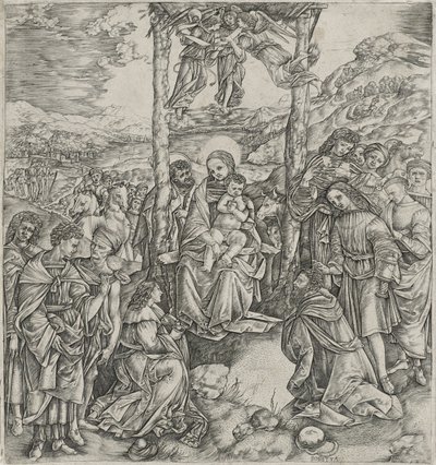 Aanbidding der Wijzen (gravure) door Cristofano Robetta
