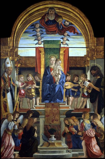 De Maagd en het Kind op de Troon met God de Vader en Heiligen Hilarius en Johannes de Doper, 1499 door Cristoforo Caselli