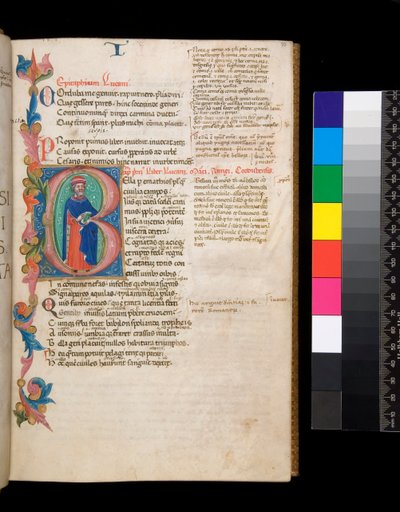 Ms 325. Lucan, Bellum Civile, en andere werken, f.10r. Verlichte initiaal [B], bewoond door een portret van een auteur op ware grootte, uitlopend in een gedeeltelijke bladerrand, c.1400-10 (perkament) door Cristoforo Cortese