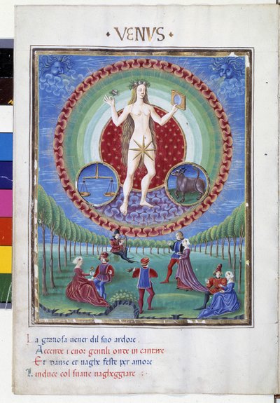 Comed met de sterrenbeelden Weegschaal en Stier. Beneden, de galante scènes. Miniatuur gemaakt door Cristoforo de Predis (ca. 1440-ca. 1486) - in 
