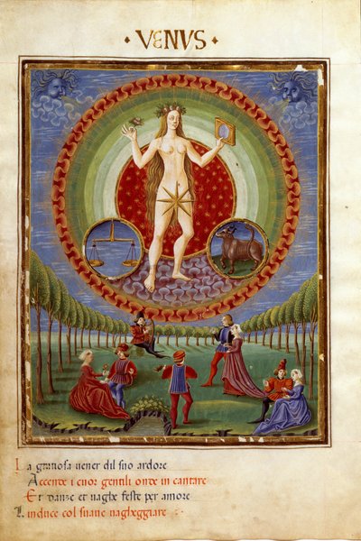 Kom met de sterrenbeelden Weegschaal en Stier. De galante scènes (miniatuur, ca. 1470) door Cristoforo De Predis