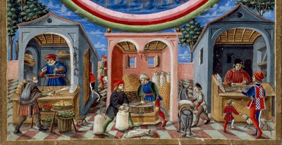 Detail van handelaren die verschillende artikelen verkopen: links een handelaar in fruit en groenten, in het midden een molenaar die graan vormt (detail) door Cristoforo De Predis