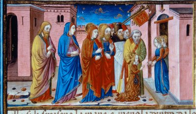Verlichting die Maria toont ontvangen door de maagden van de Tempel, in de Codex De Predis door Cristoforo De Predis