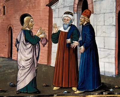Judas gaat naar de priester en bekent zijn verraad aan Christus, uit de Leggendario Sforza-Savoia door Cristoforo De Predis