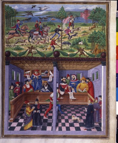 Maartinvloed: jacht en hof. Miniatuur gemaakt door Cristoforo de Predis (ca. 1440-ca. 1486) - in 