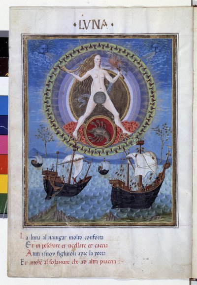 Maan met het sterrenbeeld Kreeft. Beneden, boten tijdens de opkomende vloed. Miniatuur gemaakt door Cristoforo de Predis (ca. 1440-ca. 1486) - in 