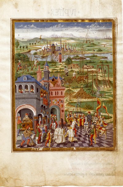 Scène van marteling en veroordelingen in een middeleeuwse stad door Cristoforo De Predis