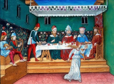 Tijdens het feestmaal van Herodes overhandigt Salome het hoofd van Johannes door Cristoforo De Predis