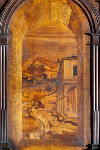 Landschap, intarsia (detail van het houten koor) door Cristoforo and Giuseppe Da Venetiis