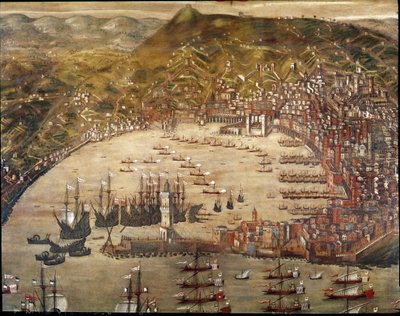 Zicht op de stad en haven van Genua, met schepen die binnenkomen door Cristoforo Grassi or Grasso