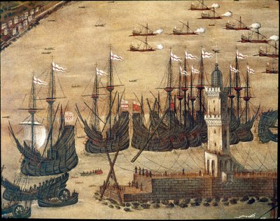 Uitzicht op de haven van Genua (detail) door Cristoforo Grassi or Grasso
