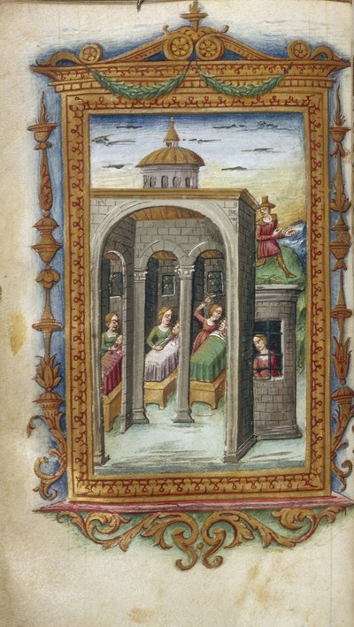 Dochters van Danaus vermoorden hun echtgenoten. Hypermnestra in de gevangenis Illustratie voor The Heroides van Ovidius door Cristoforo Majorana