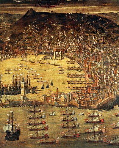 Uitzicht op Genua en zijn haven door Cristoforo de Grassi