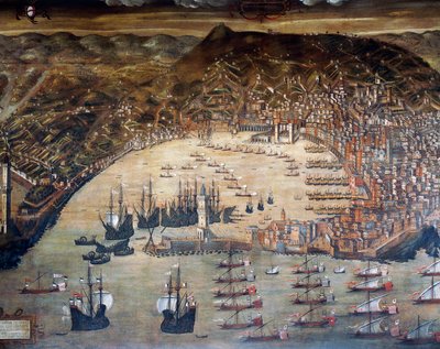 Uitzicht op Genua en zijn haven door Cristoforo de Grassi