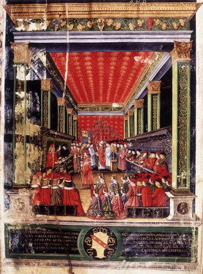 Inwijding van Ludovic Marie Sforza genaamd le More (Ludovico Maria Sforza detto il Moro) (1452-1508) - verluchting uit het missaal van kardinaal Arcimboldi, gemaakt door de beroemde miniaturist Cristoforo de Predis. Biblioteca Capitolare, Milaan door Cristoforo De Predis
