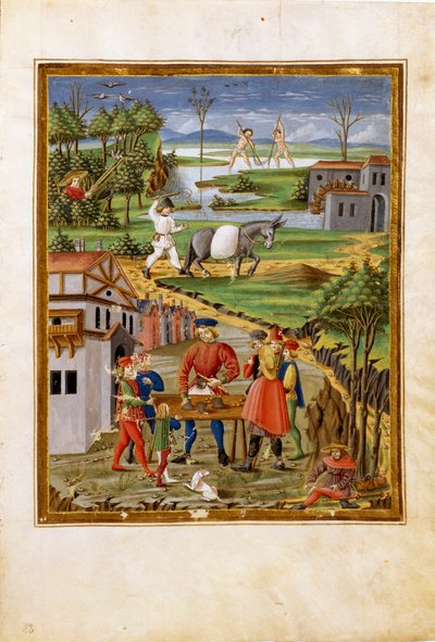 Invloed van de Maan: scène van vissen, jagen en landbouw (miniatuur, ca. 1470) door Cristoforo De Predis