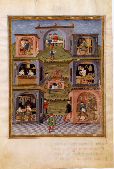 Invloeden van Mercurius: de ambachtslieden. Een kookscène omringd door een maaltijdscène, een kopiist, een horlogemaker, een wapensmid, een orgelbouwer, een beeldhouwer en een schilder van heilige kunst (miniatuur, ca. 1470) door Cristoforo De Predis