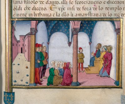 Jezus onderwijst in de tempel Miniatuur door Cristoforo De Predis (1440-1486) na de Geschiedenis van het Nieuwe Testament door Cristoforo De Predis