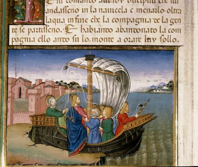 Jezus zegt tegen de apostelen om per boot naar Kafarnaüm te gaan terwijl hij op de berg gaat bidden Miniatuur door Cristoforo De Predis (1440-1486) na de Geschiedenis van het Nieuwe Testament door Cristoforo De Predis