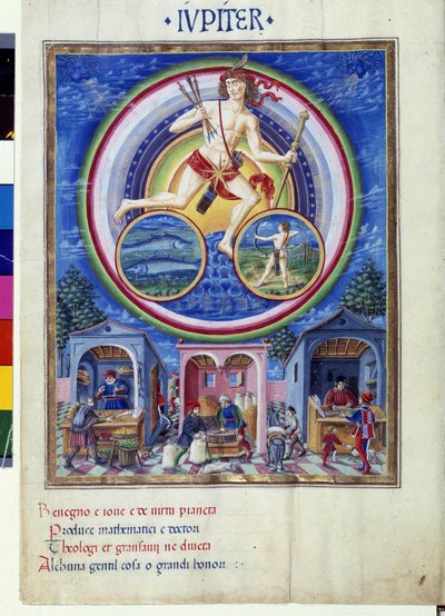 Jupiter met de sterrenbeelden Vissen en Boogschutter. Beneden, handelaren die verschillende artikelen verkopen. Miniatuur gemaakt door Cristoforo de Predis in 