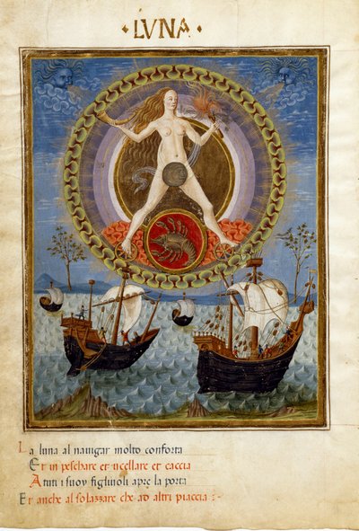 Maan met het sterrenbeeld kanker. Boten tijdens de opkomende vloed (miniatuur, ca. 1470) door Cristoforo De Predis
