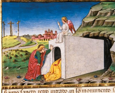 De apostelen Petrus en Johannes ontdekken het lege graf van Christus, uit de Leggendario Sforza-Savoia door Cristoforo De Predis
