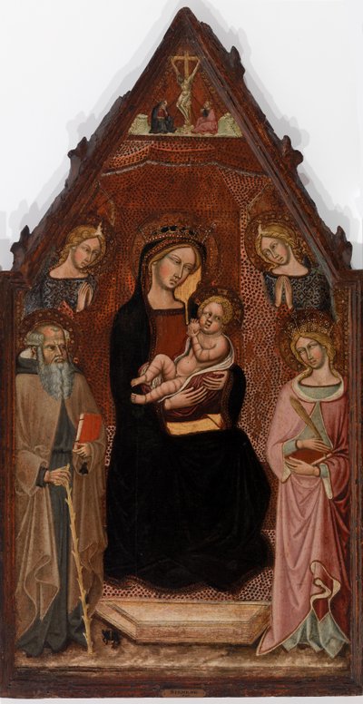 Maagd en Kind met Twee Engelen en Heiligen Antonius Abt en Catharina van Alexandrië en de Kruisiging door Cristoforo di Bindoccio, Meo