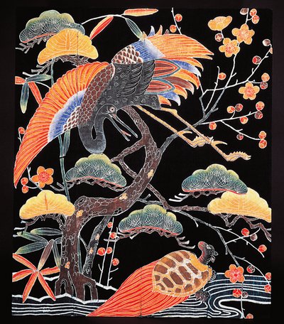Kraanvogels en langstaart schildpad (tsurugame) detail van kimono stof met gunstige motieven, Japanse beschaving, Edo periode door Culture Edo