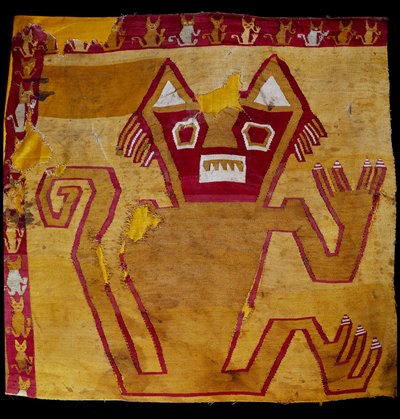 Precolumbiaanse kunst, Nazca beschaving: fragment van stof met zoomorfe voorstelling door Culture Nazca
