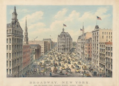 Broadway, New York: Vanaf het Western Union Telegraph Building naar het noorden kijken door Currier and Ives